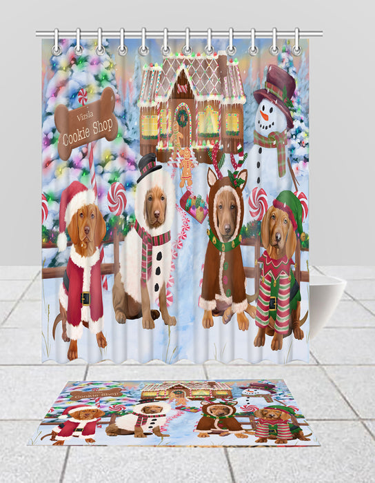 Holiday Gingerbread Cookie Vizsla Dogs  Bath Mat and Shower Curtain Combo