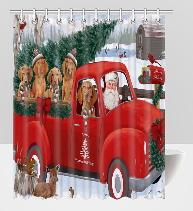 Christmas Santa Express Delivery Red Truck Vizsla Dogs Shower Curtain
