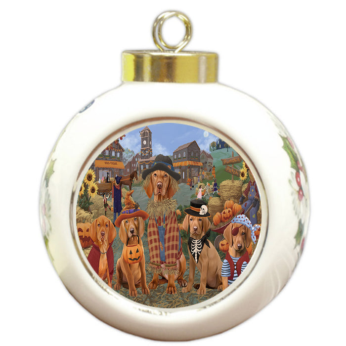 Halloween 'Round Town And Fall Pumpkin Scarecrow Both Vizsla Dogs Round Ball Christmas Ornament RBPOR57617