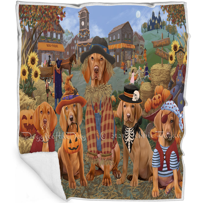 Halloween 'Round Town And Fall Pumpkin Scarecrow Both Vizsla Dogs Blanket BLNKT143670