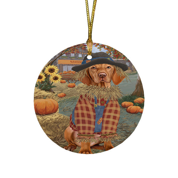 Halloween 'Round Town And Fall Pumpkin Scarecrow Both Vizsla Dog Round Flat Christmas Ornament RFPOR57678
