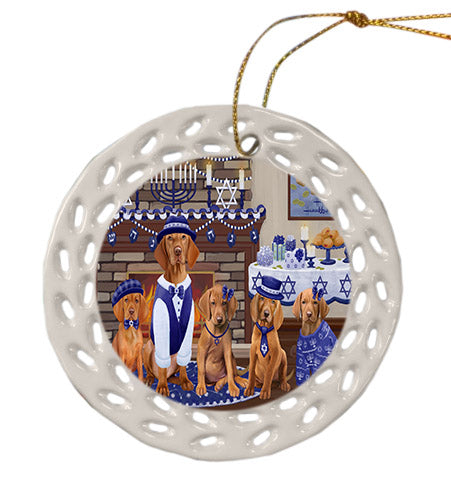 Happy Hanukkah Family Vizsla Dogs Ceramic Doily Ornament DPOR57743