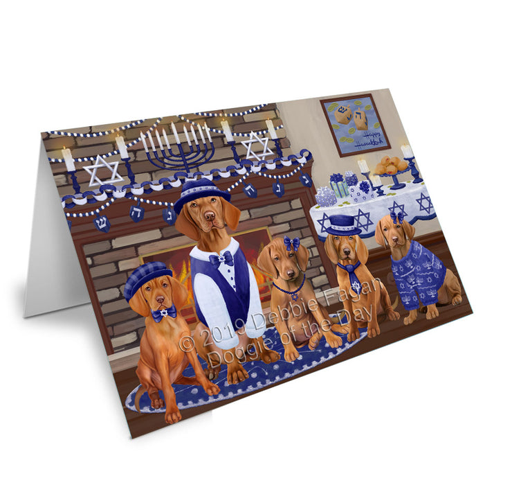 Happy Hanukkah Family Vizsla Dogs Handmade Artwork Assorted Pets Greeting Cards and Note Cards with Envelopes for All Occasions and Holiday Seasons GCD78575
