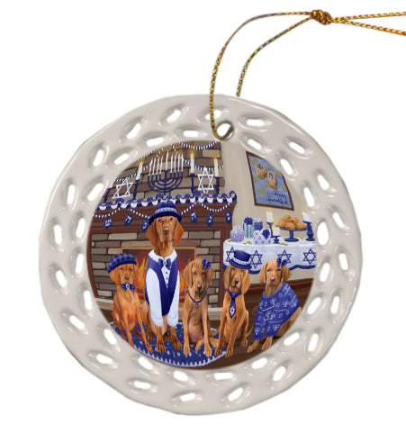 Happy Hanukkah Family Vizsla Dogs Doily Ornament DPOR57928