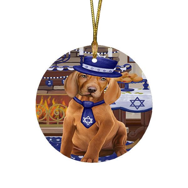 Happy Hanukkah Family and Happy Hanukkah Both Vizsla Dog Round Flat Christmas Ornament RFPOR57708