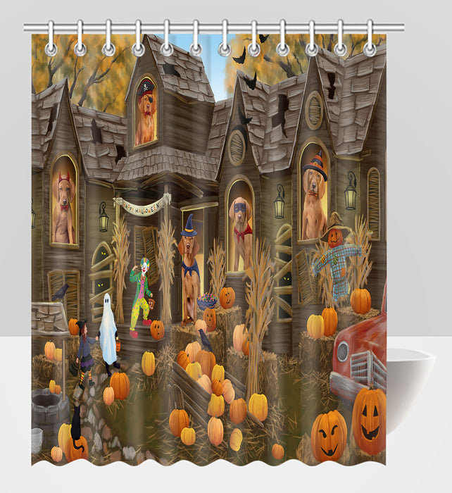 Haunted House Halloween Trick or Treat Vizsla Dogs Shower Curtain