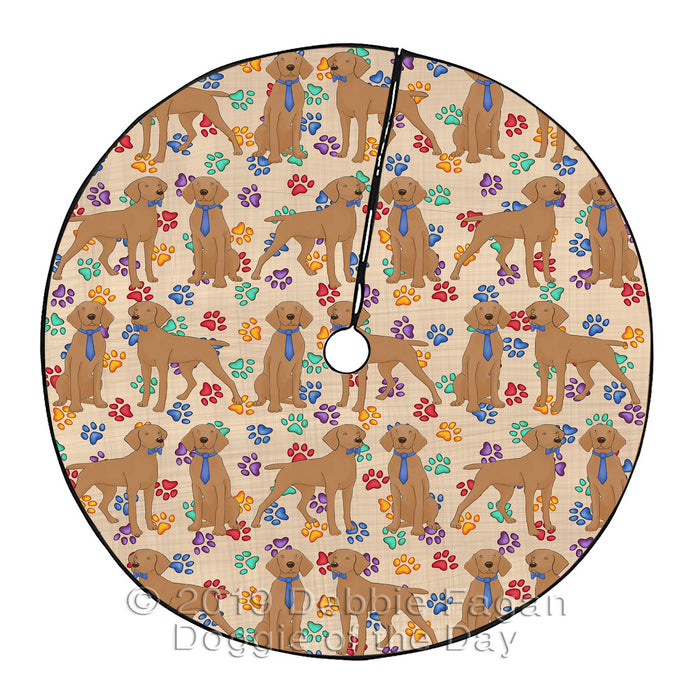 Rainbow Paw Print Vizsla Dogs Blue Christmas Tree Skirt