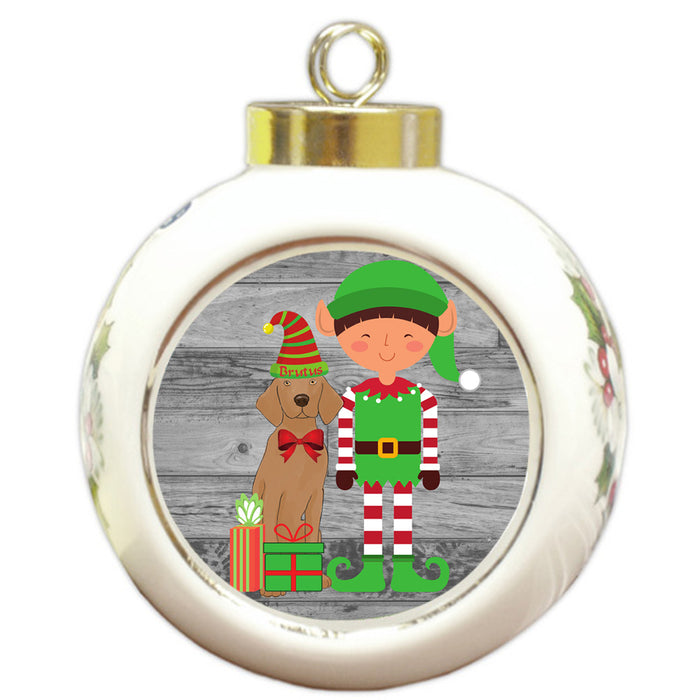 Custom Personalized Vizsla Dog Elfie and Presents Christmas Round Ball Ornament
