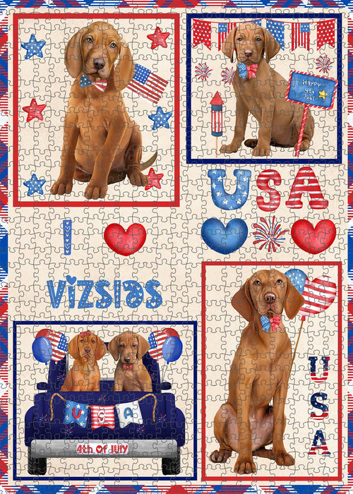 4th of July Independence Day I Love USA Vizsla Dogs Portrait Jigsaw Puzzle for Adults Animal Interlocking Puzzle Game Unique Gift for Dog Lover's with Metal Tin Box