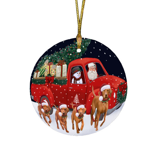Christmas Express Delivery Red Truck Running Vizsla Dogs Round Flat Christmas Ornament RFPOR57786