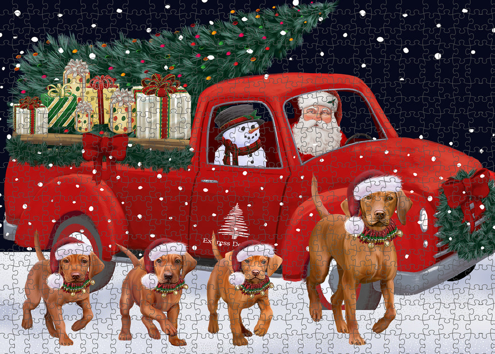 Christmas Express Delivery Red Truck Running Vizsla Dogs Puzzle with Photo Tin PUZL99844