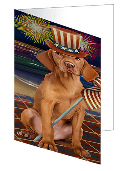 4th of July Independence Day Firework Vizsla Dog Handmade Artwork Assorted Pets Greeting Cards and Note Cards with Envelopes for All Occasions and Holiday Seasons GCD52913
