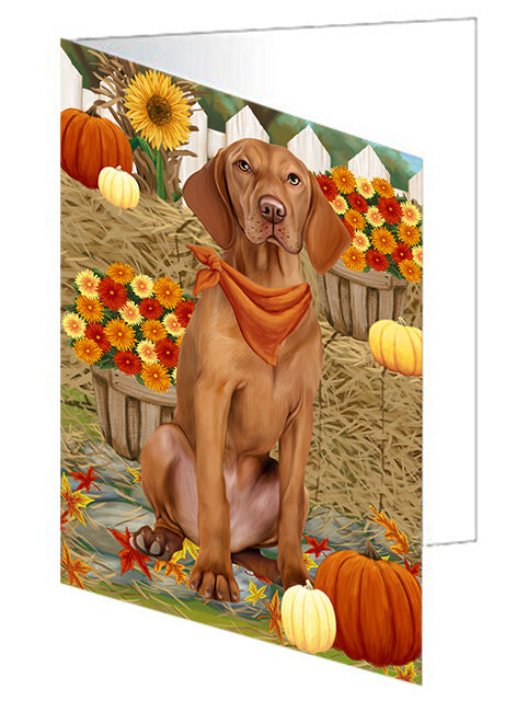 Fall Autumn Greeting Vizsla Dog with Pumpkins Handmade Artwork Assorted Pets Greeting Cards and Note Cards with Envelopes for All Occasions and Holiday Seasons GCD56681