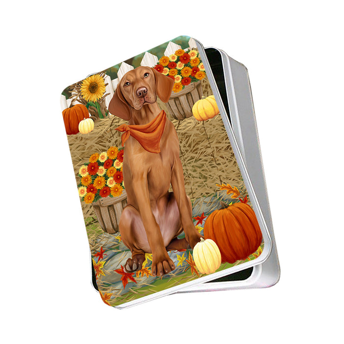 Fall Autumn Greeting Vizsla Dog with Pumpkins Photo Storage Tin PITN50884