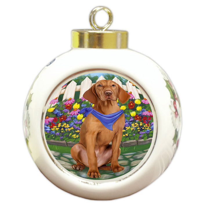 Spring Floral Vizsla Dog Round Ball Christmas Ornament RBPOR52183