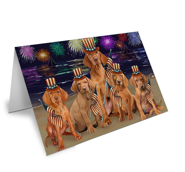 4th of July Independence Day Firework Vizslas Dog Handmade Artwork Assorted Pets Greeting Cards and Note Cards with Envelopes for All Occasions and Holiday Seasons GCD52916