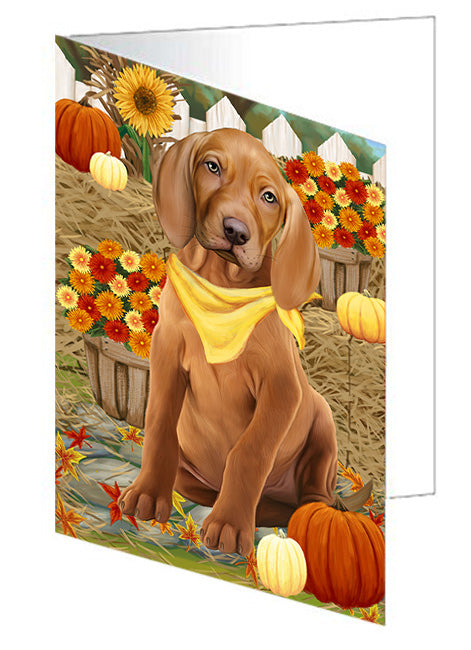 Fall Autumn Greeting Vizsla Dog with Pumpkins Handmade Artwork Assorted Pets Greeting Cards and Note Cards with Envelopes for All Occasions and Holiday Seasons GCD56684