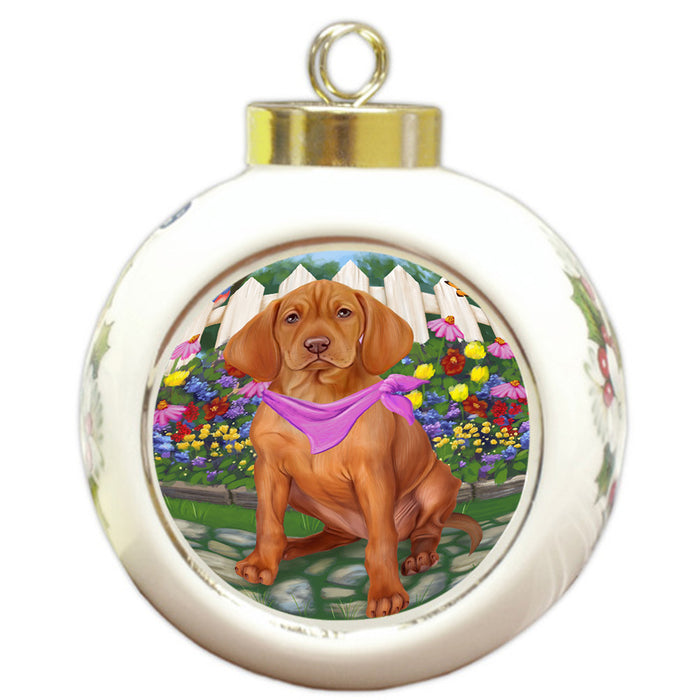 Spring Floral Vizsla Dog Round Ball Christmas Ornament RBPOR52184