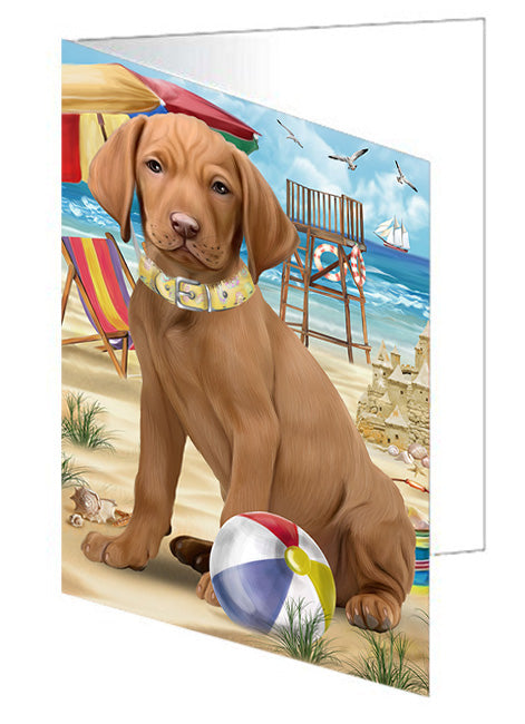 Pet Friendly Beach Vizsla Dog Handmade Artwork Assorted Pets Greeting Cards and Note Cards with Envelopes for All Occasions and Holiday Seasons GCD54353