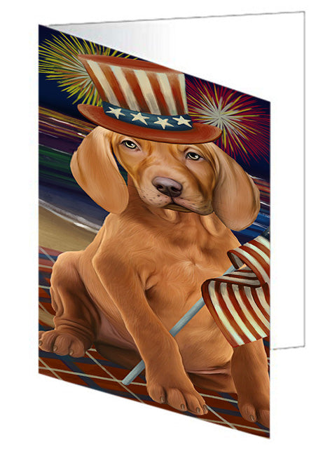 4th of July Independence Day Firework Vizsla Dog Handmade Artwork Assorted Pets Greeting Cards and Note Cards with Envelopes for All Occasions and Holiday Seasons GCD52919