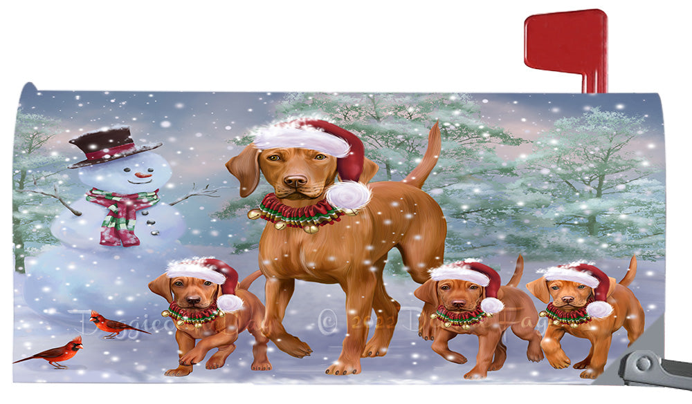 Christmas Running Family Vizsla Dogs Magnetic Mailbox Cover Both Sides Pet Theme Printed Decorative Letter Box Wrap Case Postbox Thick Magnetic Vinyl Material