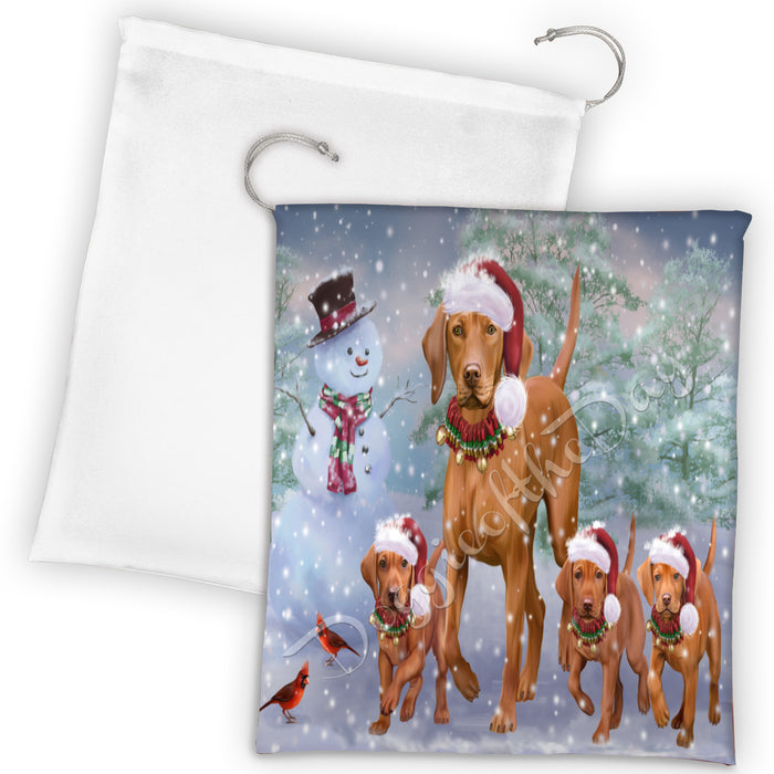 Christmas Running Fammily Vizsla Dogs Drawstring Laundry or Gift Bag LGB48257