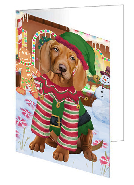 Christmas Gingerbread House Candyfest Vizsla Dog Handmade Artwork Assorted Pets Greeting Cards and Note Cards with Envelopes for All Occasions and Holiday Seasons GCD74267