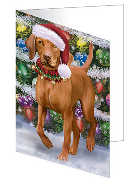 Trotting in the Snow Vizsla Dog Handmade Artwork Assorted Pets Greeting Cards and Note Cards with Envelopes for All Occasions and Holiday Seasons GCD74534