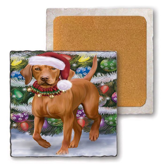 Trotting in the Snow Vizsla Dog Set of 4 Natural Stone Marble Tile Coasters MCST51673
