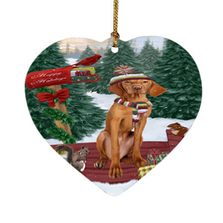 Merry Christmas Woodland Sled Vizsla Dog Heart Christmas Ornament HPOR55419