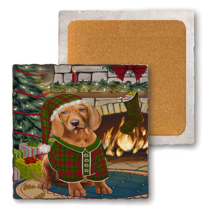 The Stocking was Hung Vizsla Dog Set of 4 Natural Stone Marble Tile Coasters MCST50646