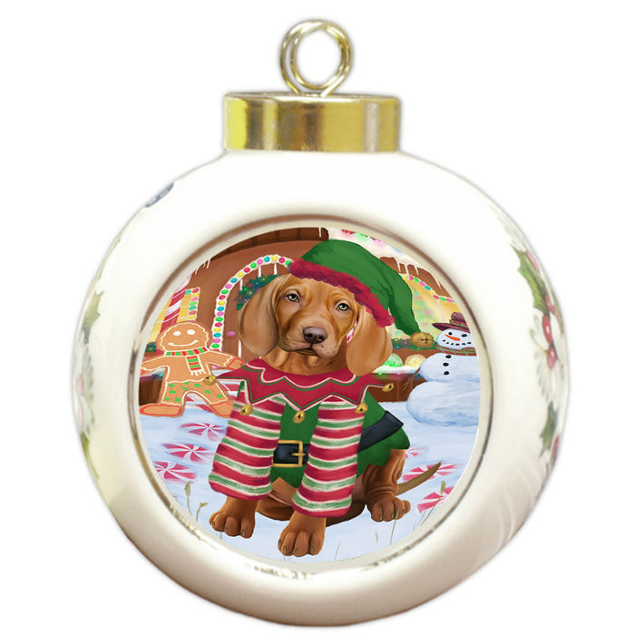 Christmas Gingerbread House Candyfest Vizsla Dog Round Ball Christmas Ornament RBPOR56940