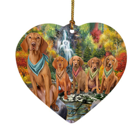 Scenic Waterfall Vizslas Dog Heart Christmas Ornament HPOR51980