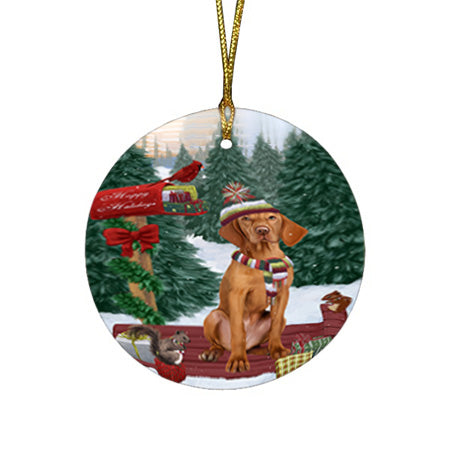 Merry Christmas Woodland Sled Vizsla Dog Round Flat Christmas Ornament RFPOR55419
