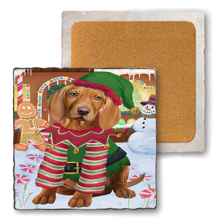Christmas Gingerbread House Candyfest Vizsla Dog Set of 4 Natural Stone Marble Tile Coasters MCST51584