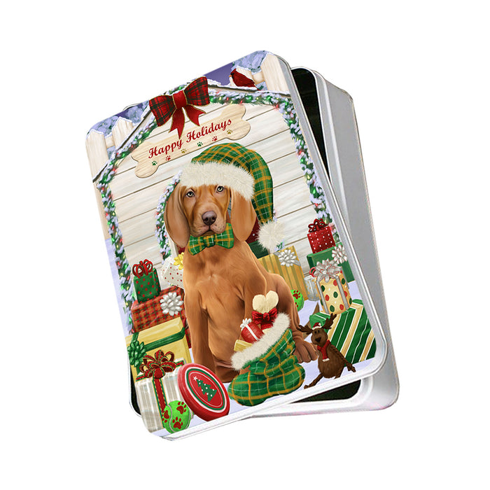 Happy Holidays Christmas Vizsla Dog House With Presents Photo Storage Tin PITN51524