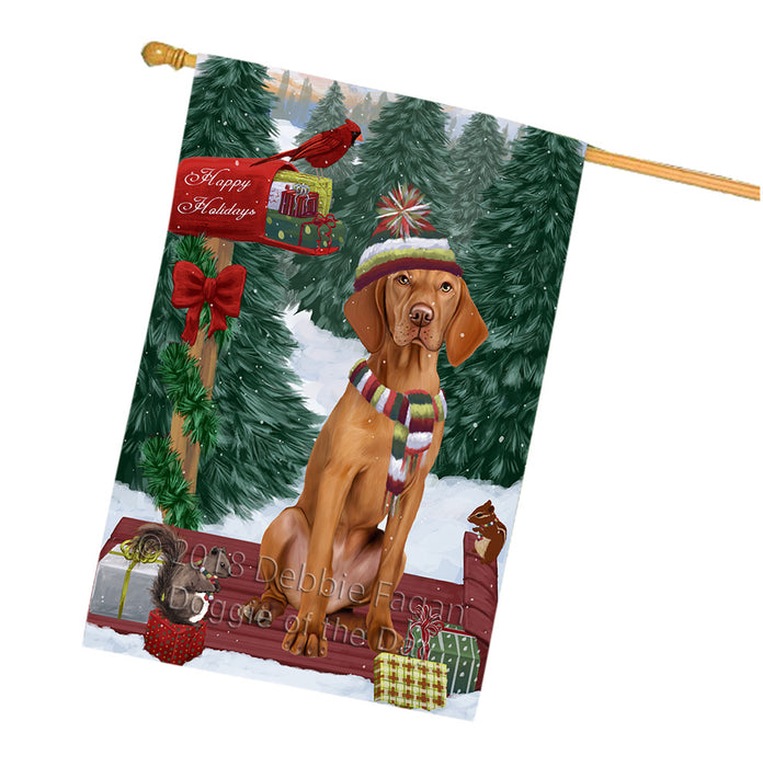 Merry Christmas Woodland Sled Vizsla Dog House Flag FLG55492