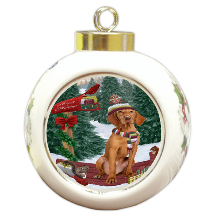 Merry Christmas Woodland Sled Vizsla Dog Round Ball Christmas Ornament RBPOR55419