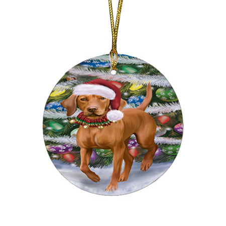 Trotting in the Snow Vizsla Dog Round Flat Christmas Ornament RFPOR57029