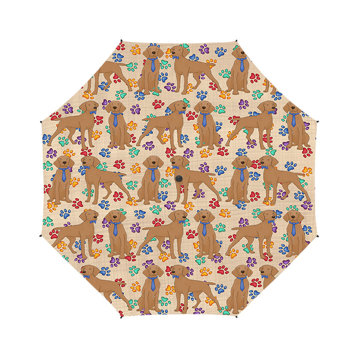 Rainbow Paw Print Vizsla Dogs Blue Semi-Automatic Foldable Umbrella