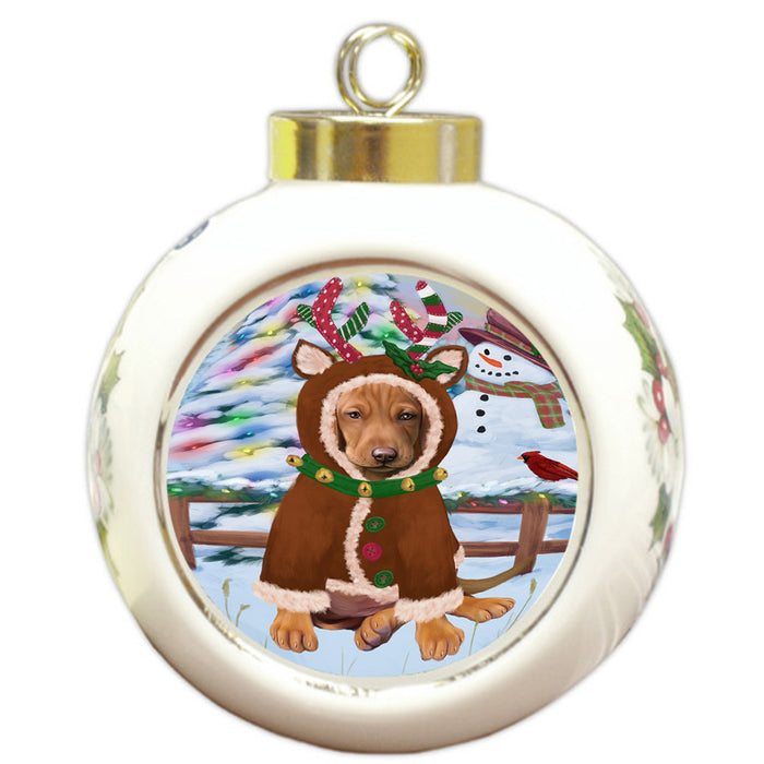 Christmas Gingerbread House Candyfest Vizsla Dog Round Ball Christmas Ornament RBPOR56941