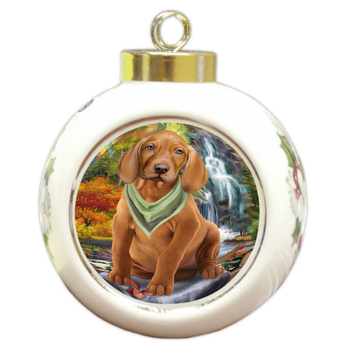 Scenic Waterfall Vizsla Dog Round Ball Christmas Ornament RBPOR51981