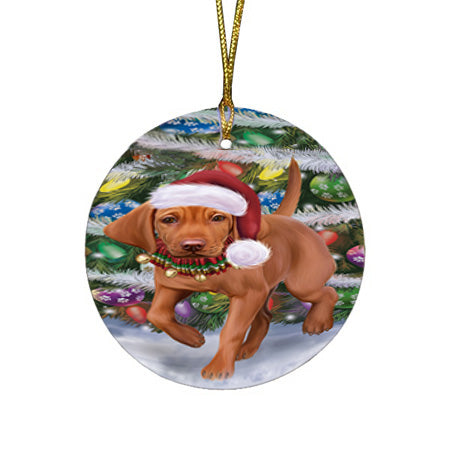 Trotting in the Snow Vizsla Dog Round Flat Christmas Ornament RFPOR57030