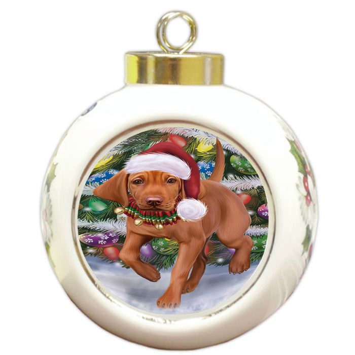 Trotting in the Snow Vizsla Dog Round Ball Christmas Ornament RBPOR57030