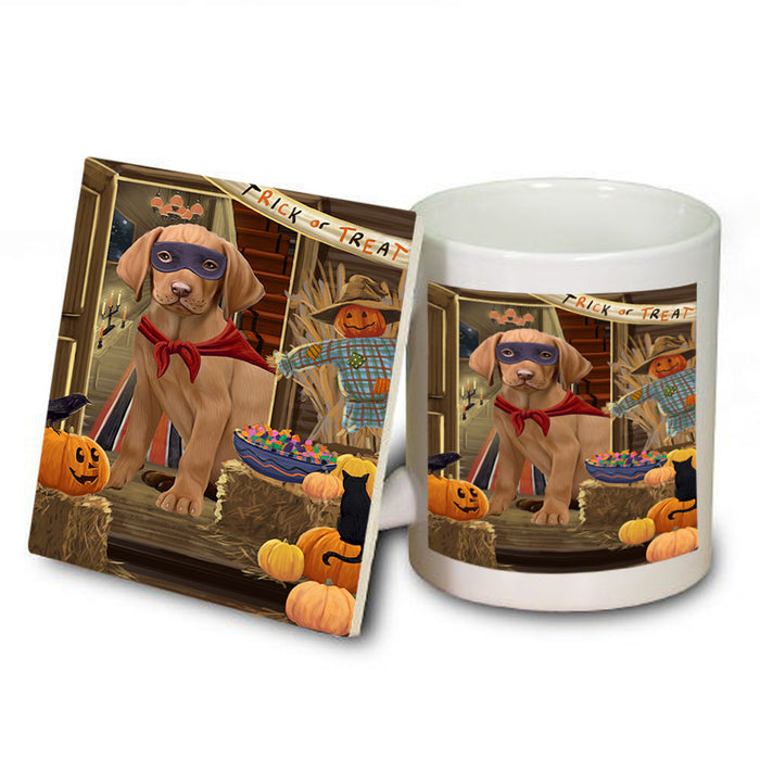 Enter at Own Risk Trick or Treat Halloween Vizsla Dog Mug and Coaster Set MUC53317