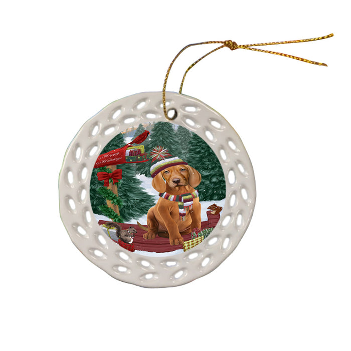 Merry Christmas Woodland Sled Vizsla Dog Ceramic Doily Ornament DPOR55420