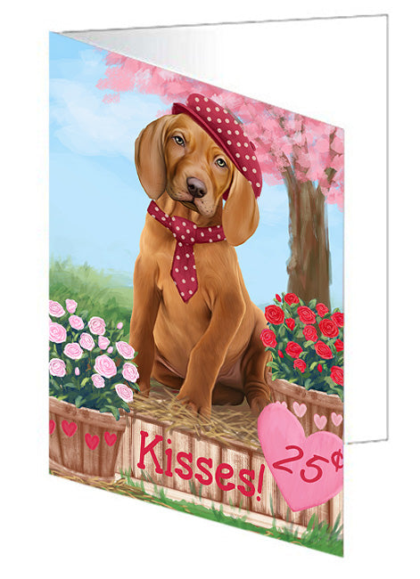 Rosie 25 Cent Kisses Vizsla Dog Handmade Artwork Assorted Pets Greeting Cards and Note Cards with Envelopes for All Occasions and Holiday Seasons GCD73286