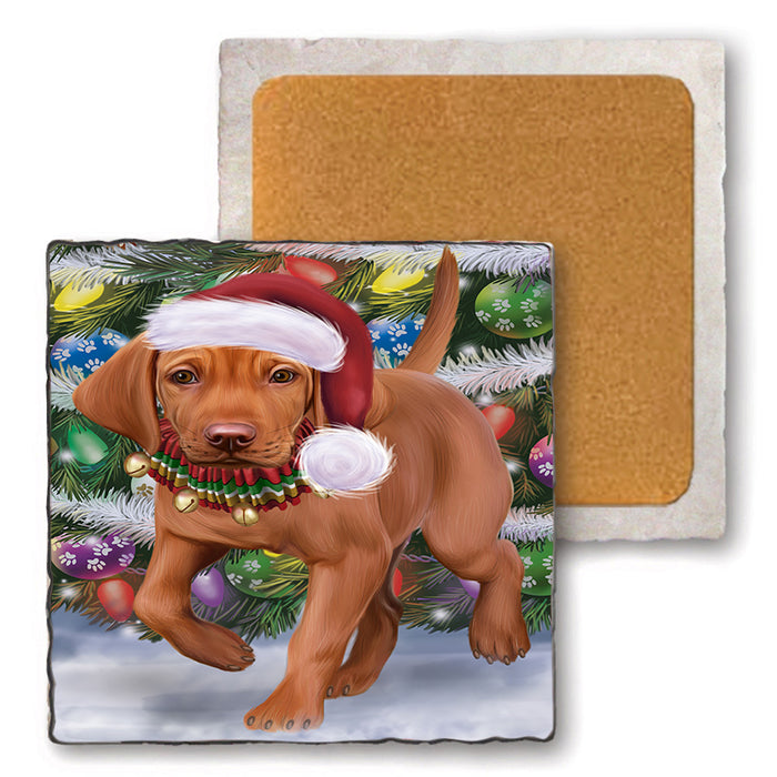 Trotting in the Snow Vizsla Dog Set of 4 Natural Stone Marble Tile Coasters MCST51674