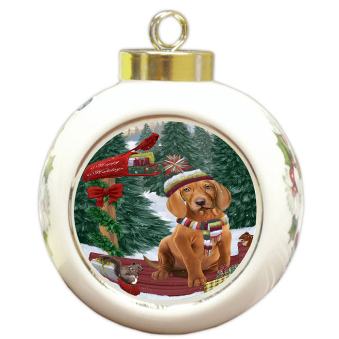 Merry Christmas Woodland Sled Vizsla Dog Round Ball Christmas Ornament RBPOR55420