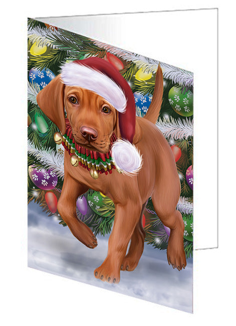 Trotting in the Snow Vizsla Dog Handmade Artwork Assorted Pets Greeting Cards and Note Cards with Envelopes for All Occasions and Holiday Seasons GCD74537
